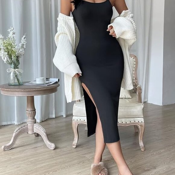 Black Women’s Spaghetti Strap Bodycon Maxi Dress Sexy Slit Cocktail Evening - Picture 7 of 7